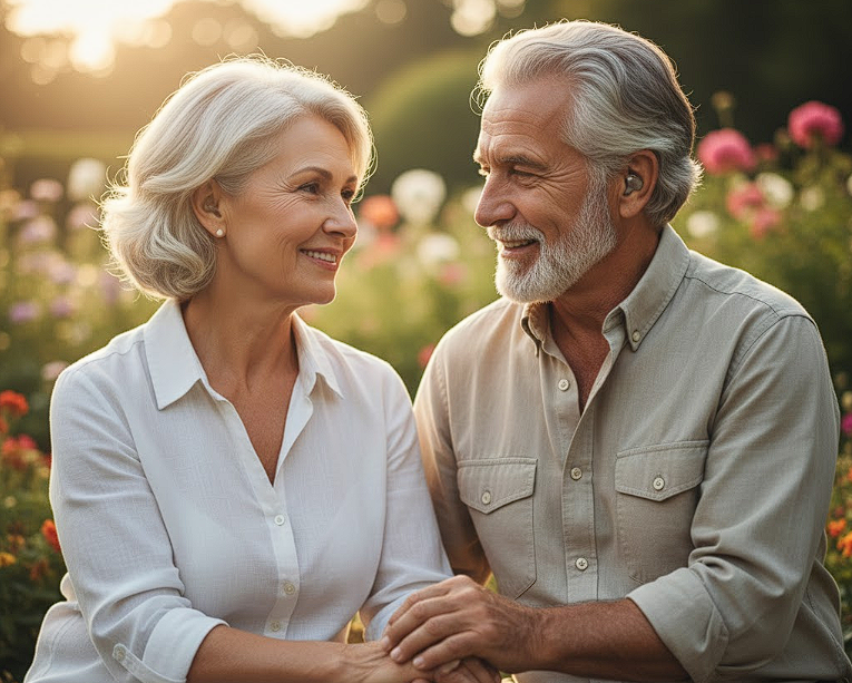 An older couple (60+) smiling and chatting in a relaxed manner.