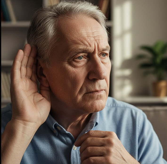A lifestyle photo of an older person looking thoughtful or perhaps straining to hear something slightly