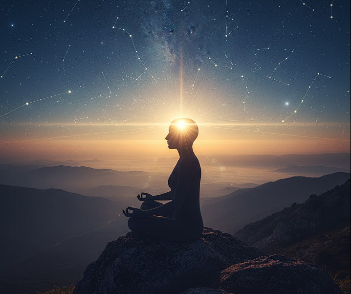 A human silhouette (profile) with a bright point of light in the center of the head (representing the pineal gland) or a man/woman in a moment of deep concentration/peace in a natural environment.