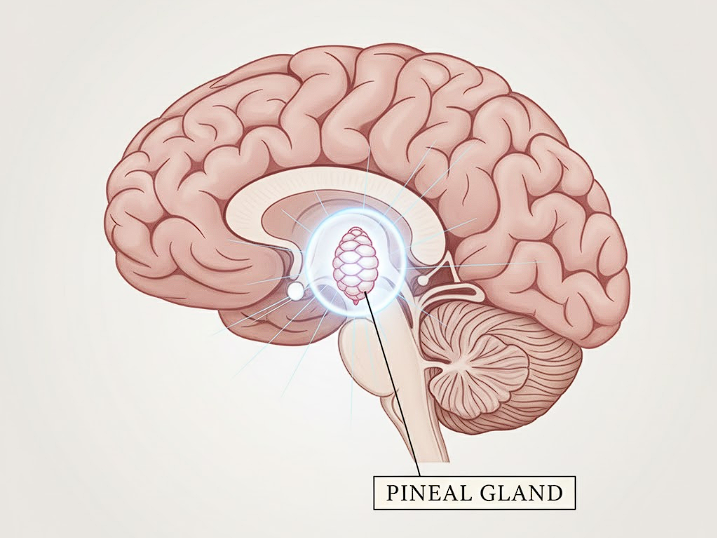 A professional medical illustration of the brain highlighting the pineal gland