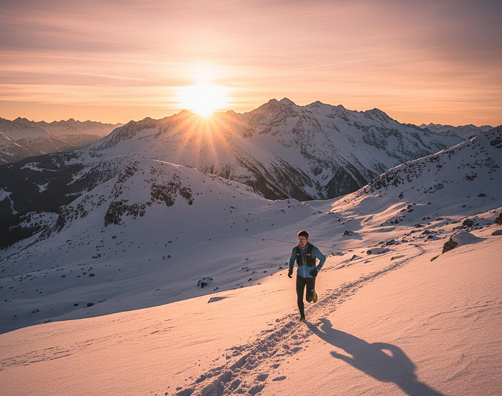 A landscape photo of snow-capped mountains (Alps) with a bright sunrise, or a person running/exercising in a very clean and well-lit natural environment.