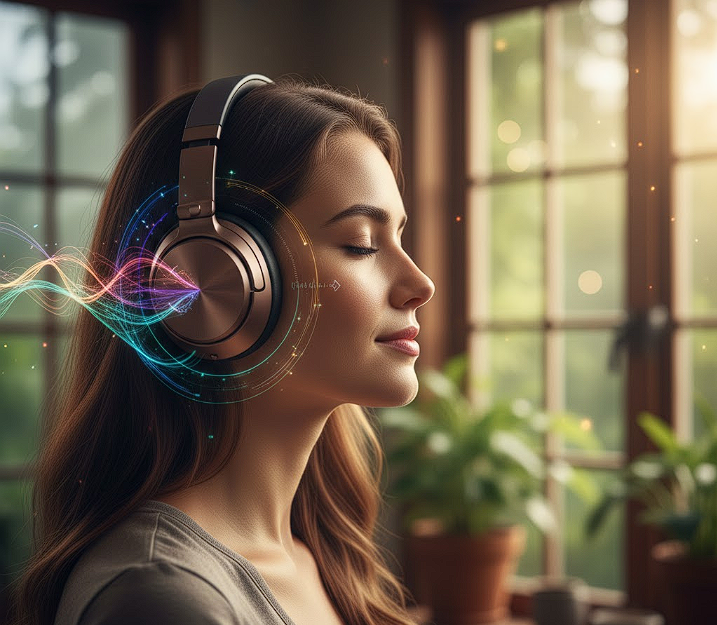 a mature woman wearing high-quality headphones