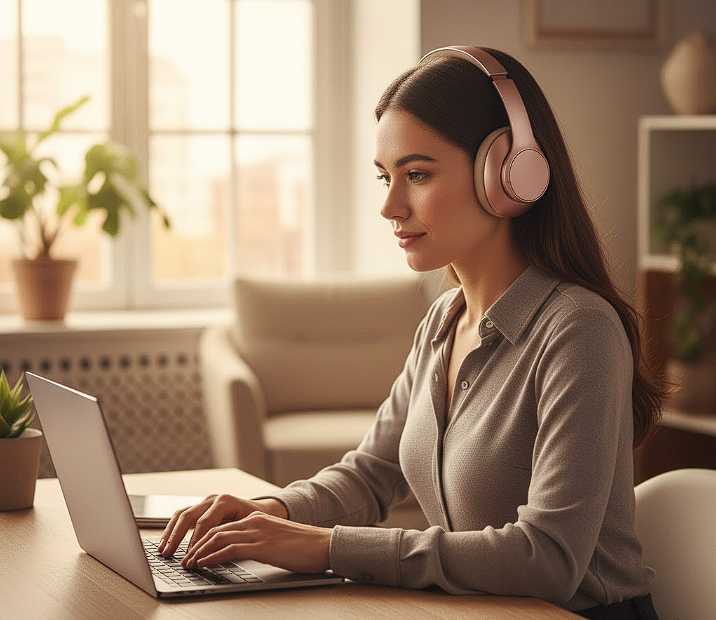 A high-quality photo of a person wearing sleek headphones, looking focused and calm while working on a laptop